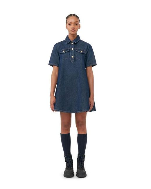 Ganni Blue Navy Short Sleeve Heavy Denim Mini Dress Size 4 Organic Cotton