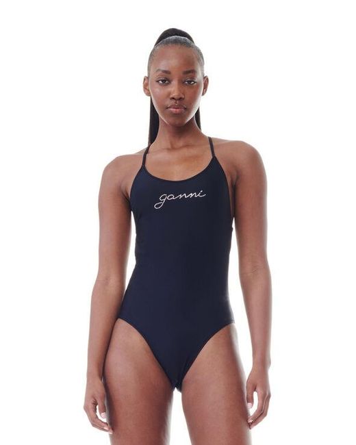 Ganni Blue Recycled Tie String Swimsuit