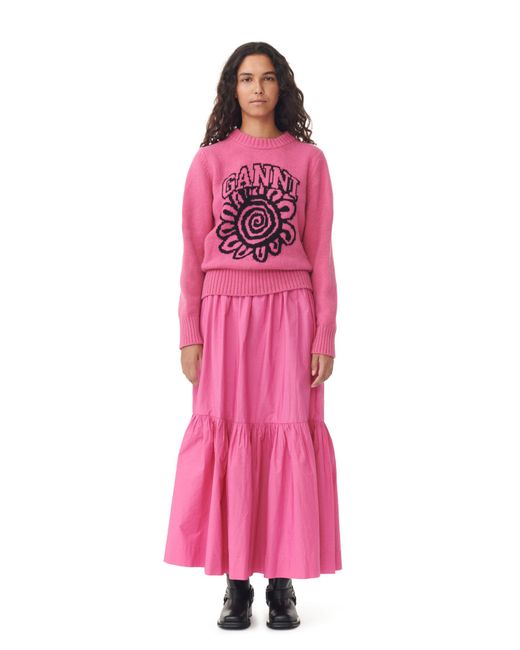 Ganni Pink Cottonpoplin Long Flounce Skirt