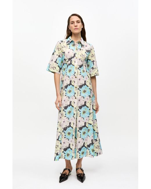 Ganni White Floral Printed Cotton Long Shirt Dress