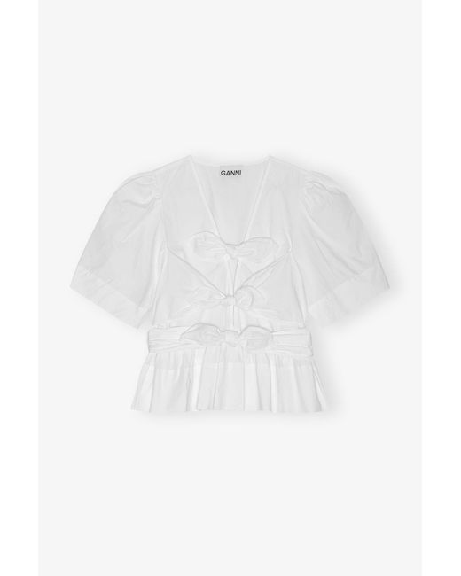 Ganni White Washed Stretch Cotton Tie Strap Blouse