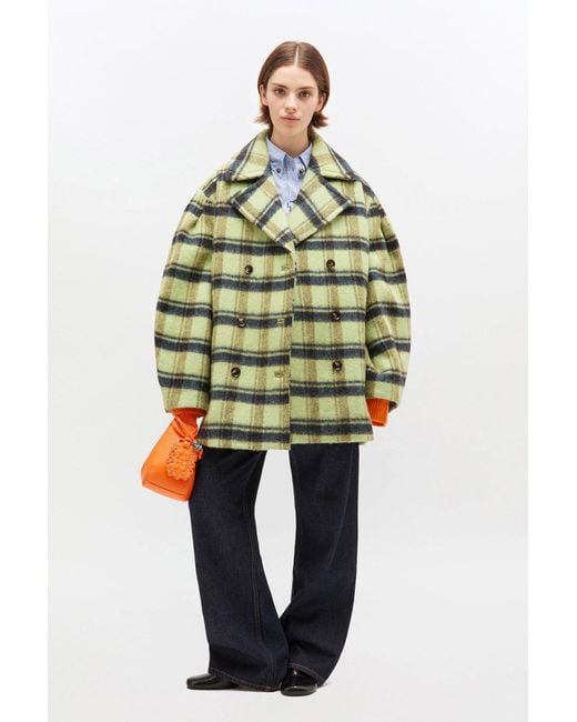 Ganni Green Check Oversized Brushed Wool Midi Coat