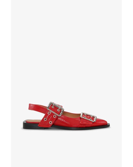 Ganni Red Buckle Ballerina Naplack Shoes