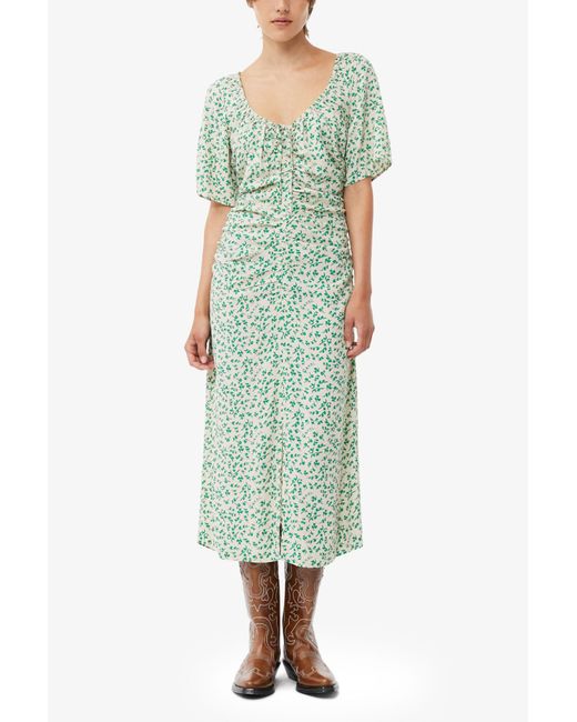 Ganni Green Printed Crepe U-Neck Midi Dress