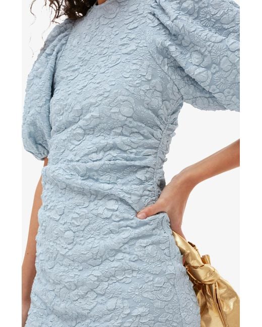 Ganni Blue Short Sleeve Stretch Jacquard Puff Sleeves Mini Dress