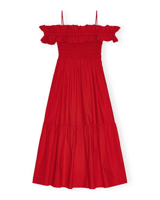 Ganni Red Cotton Poplin Long Smock Dress