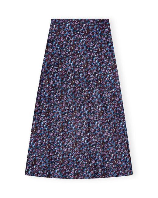 Ganni Blue Floral Crinkled Satin Midi Skirt