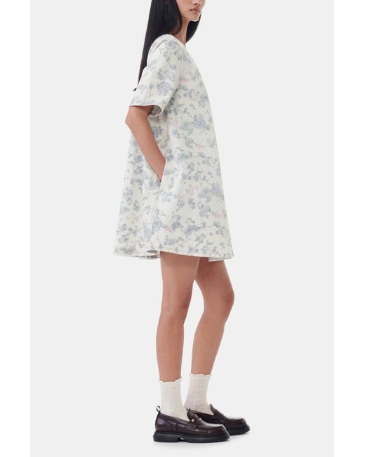 Ganni Gray Floral Printed Denim Open Back Mini Dress