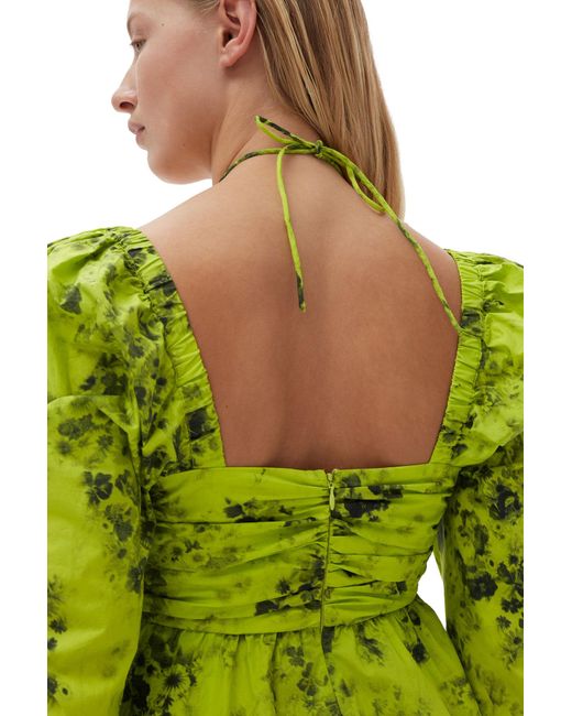 Ganni Green Long Sleeve Printed Cotton Mini Dress