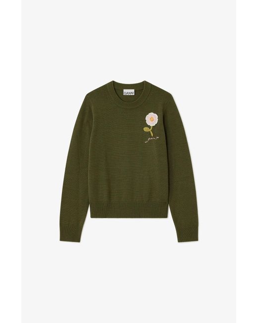 Ganni Green Jumper With Crochet Flower