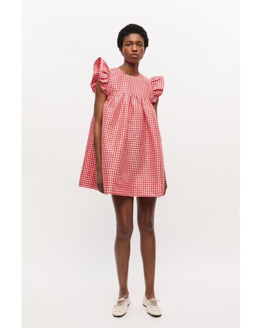 Ganni Pink Crinkled Check Taffeta Dress