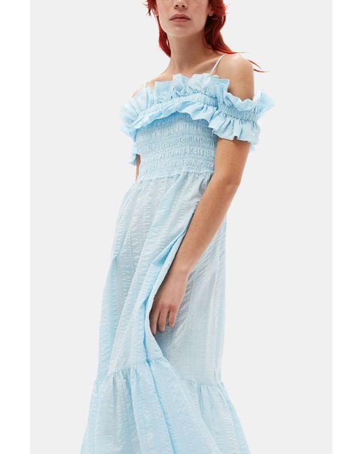 Ganni Blue Sleeveless/straps Seersucker Check Smock Maxi Dress