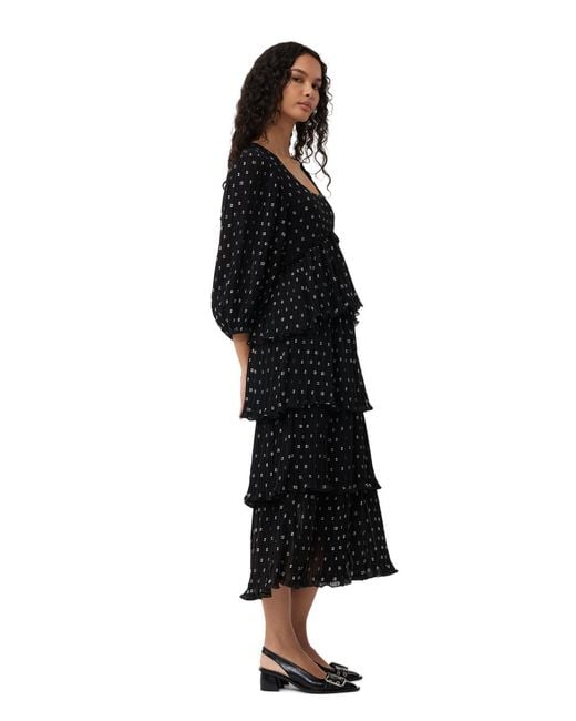 Ganni Black 3/4 Sleeve Pleated Georgette Flounce Smock Midi Dress