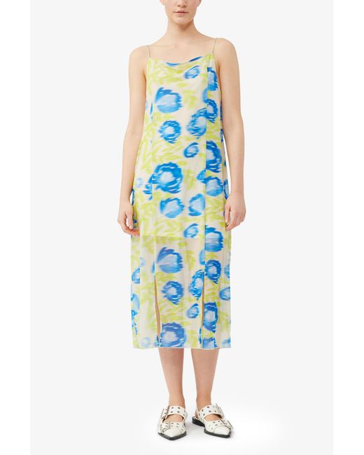 Ganni Blue Printed Mesh Slip Dress