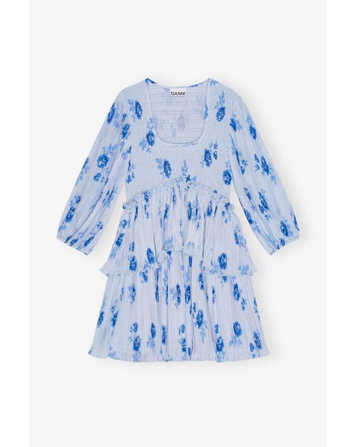 Ganni Blue Pleated Georgette Flounce Smock Mini Dress