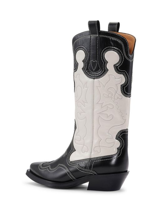 Ganni Black Monochrome Mid Shaft Embroidered Western Boots