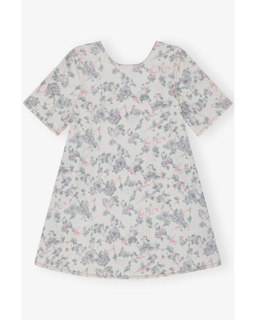 Ganni Gray Floral Printed Denim Open Back Mini Dress