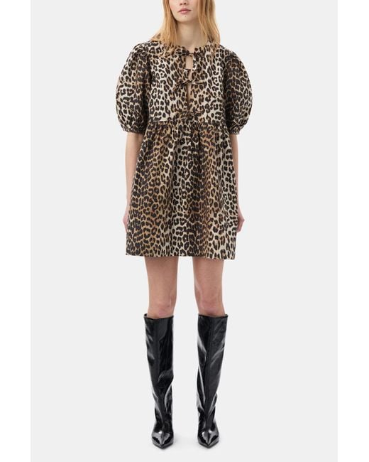 Ganni Natural Leopard Printed Cotton Tie String Mini Dress