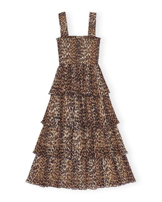 Ganni Brown Almond Milk Leopard Pleated Georgette Flounce Smock Midi Dress Size 4 Polyester