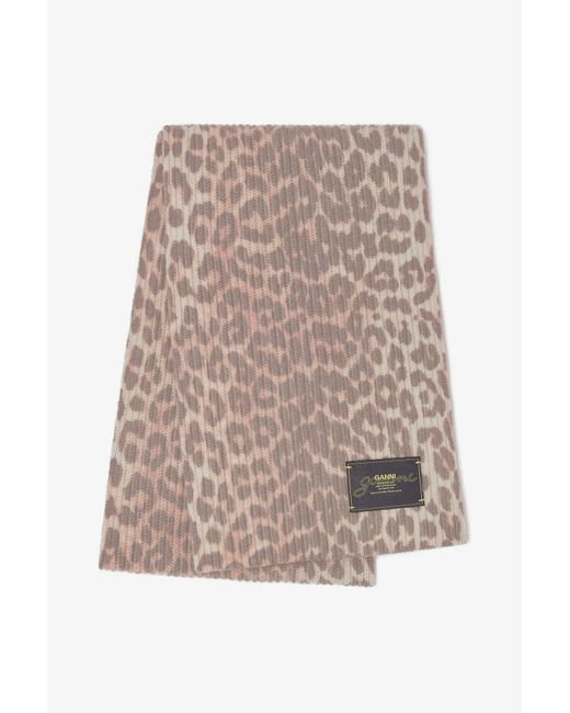 Ganni Natural Leopard Wool Knit Scarf