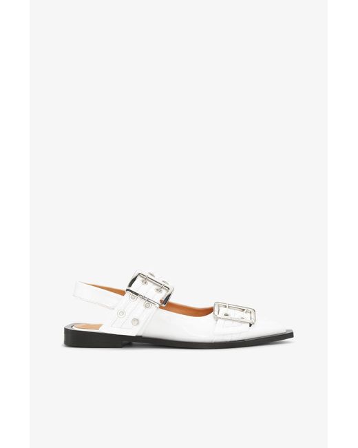 Ganni White Wide Welt Buckle Ballerina