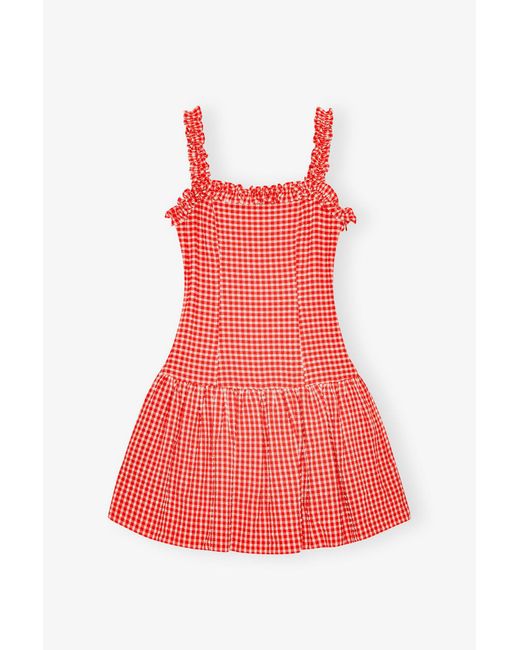 Ganni Red Stretch Seersucker Strap Ruffle Mini Dress