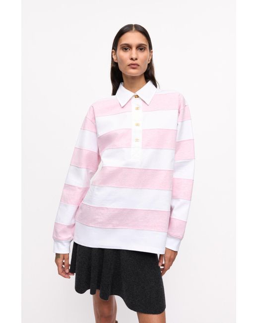 Ganni White Striped Heavy Cotton Polo Shirt