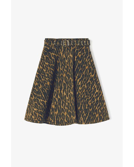 Ganni Green Leopard Denim Wrap Skirt