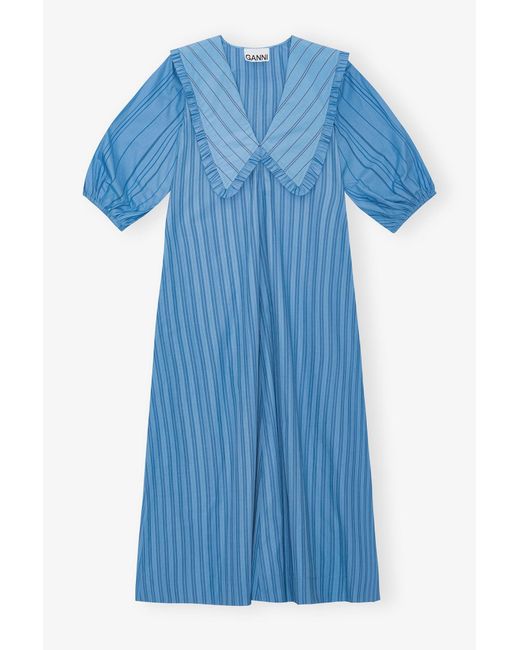 Ganni Blue Re-Cut Striped Cotton V-Neck Maxi Dress