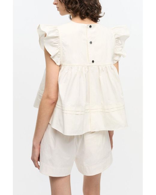 Ganni White Stretch Cotton Frill Sleeve Top