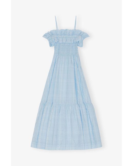 Ganni Blue Sleeveless/straps Seersucker Check Smock Maxi Dress