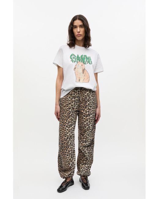 Ganni Natural Leopard Washed Cotton Canvas Drawstring Pants