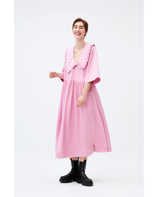 Ganni Pink Smocked Satin Ruffle Collar Wavy Waist Oversize Wrap Dress