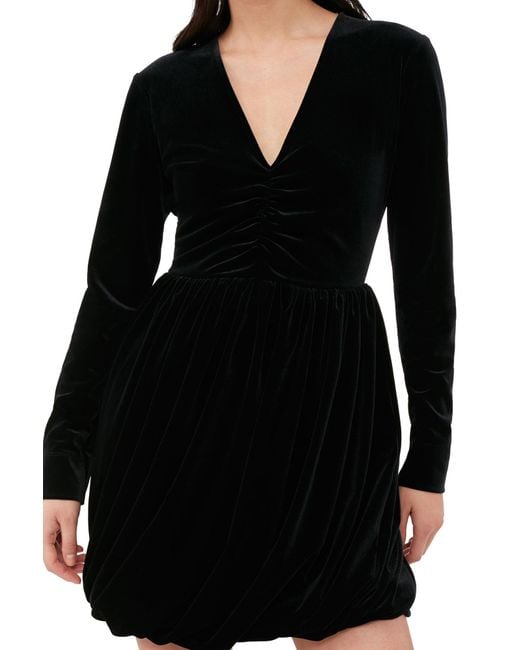 Ganni Black Long Sleeve Velvet Jersey Balloon Mini Dress