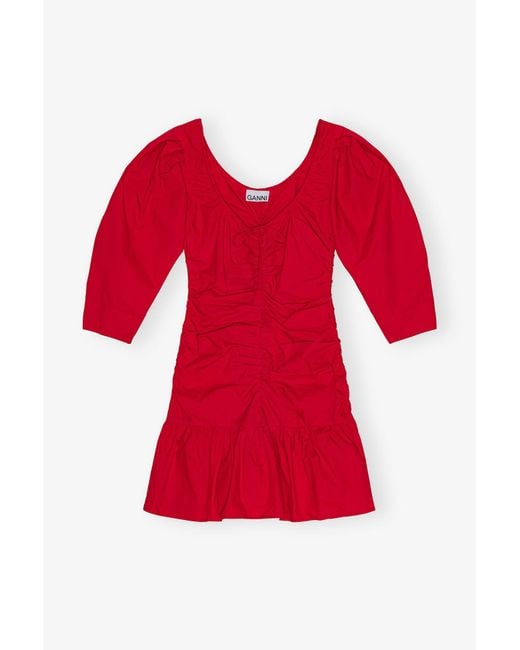 Ganni Cotton Poplin Gathered U-Neck Mini Dress