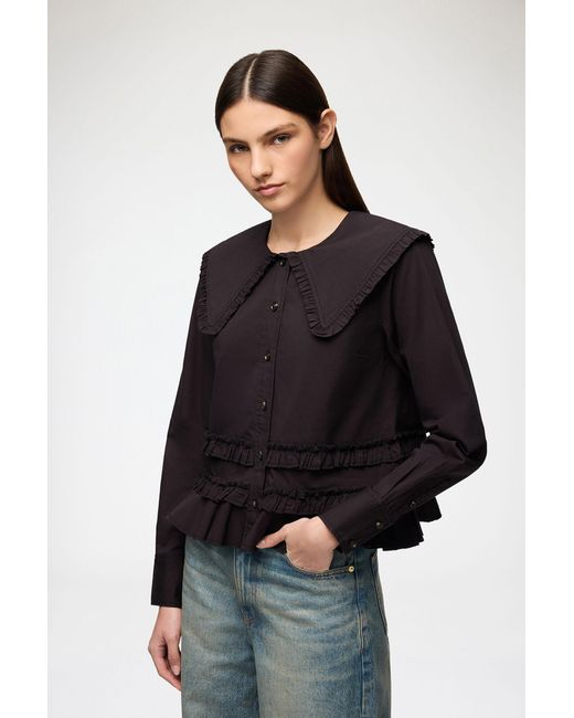Ganni Black Stretch Cotton Ruffle Shirt