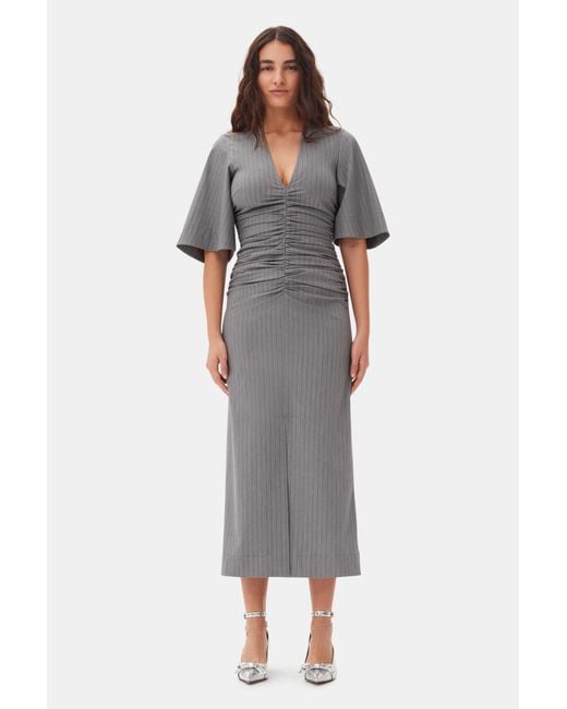 Ganni Gray Striped Suiting V-Neck Fitted Dress