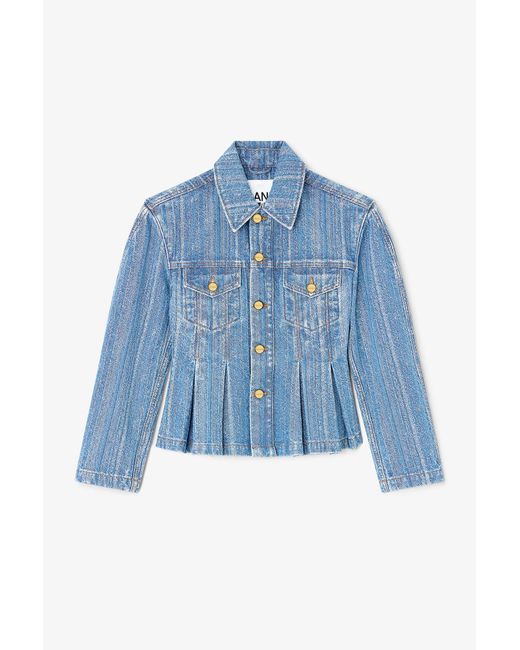Ganni Blue Striped Denim Pleated Jacket