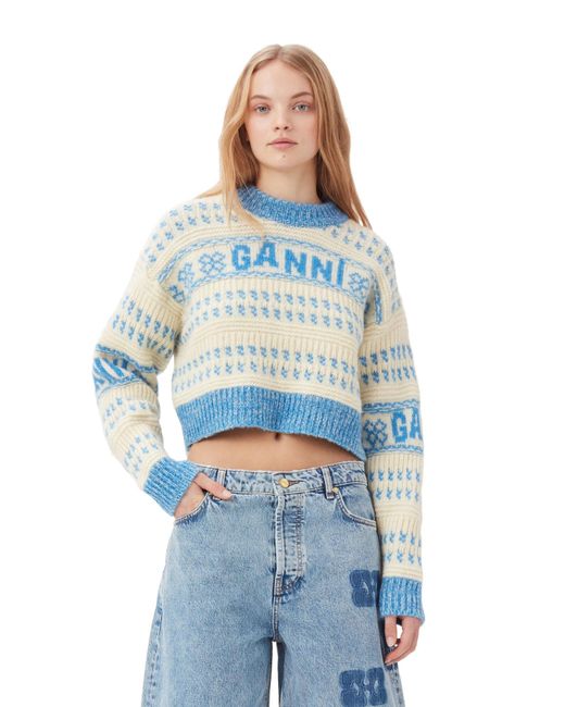 Ganni Blue Lambswool Cropped O-neck Pullover
