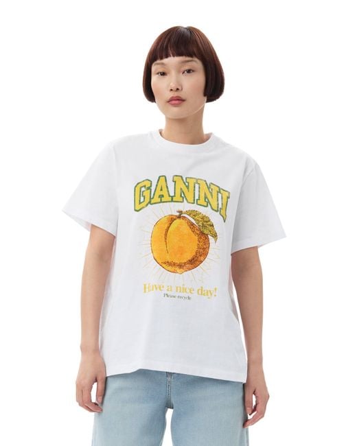 Ganni White Lässiges T-Shirt mit Pfirsich-Print