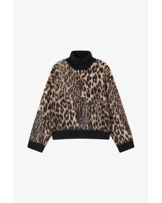 Ganni Black Leopard High-Neck Jumper