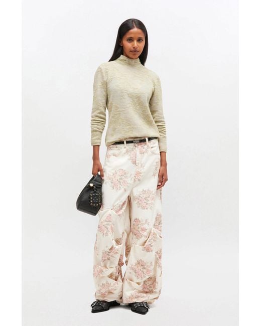 Ganni Natural Floral Printed Draped Jeans