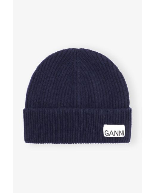 Ganni Blue Dark Rib Knit Beanie