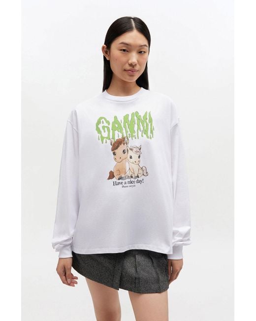 Ganni White Graphic Cotton Long-Sleeve Top