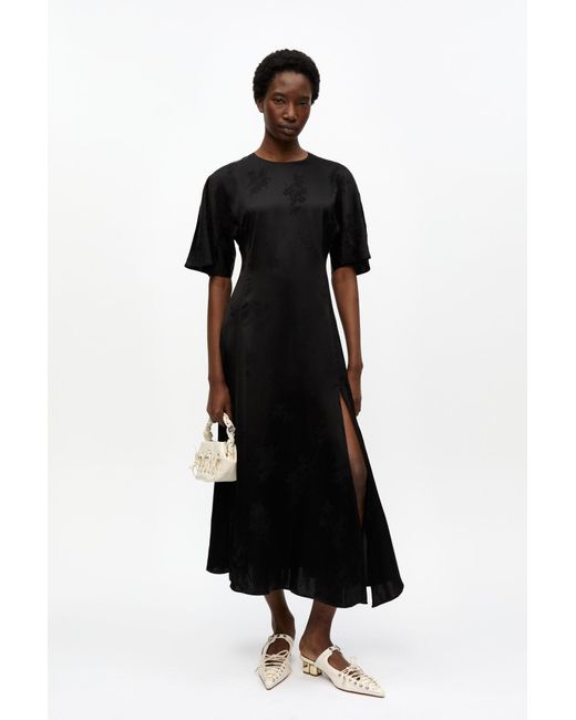 Ganni Black Fluid Satin Jacquard Slit Dress
