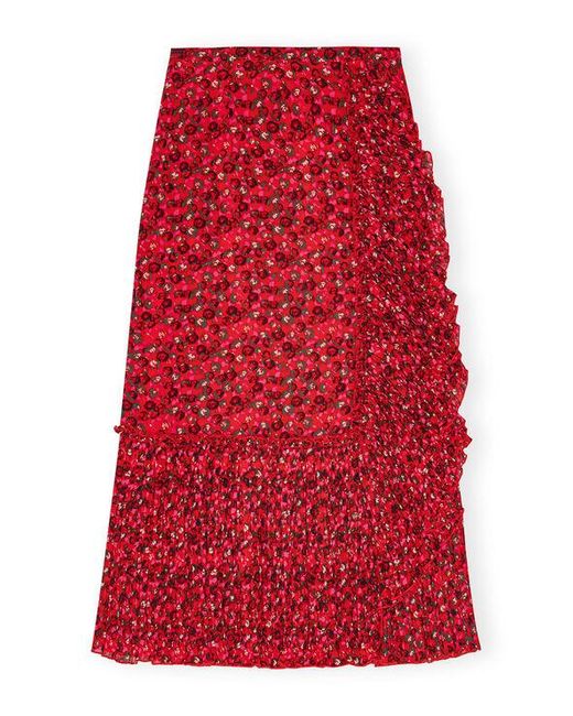 Ganni Red Pleated Georgette Flounce Midi Skirt