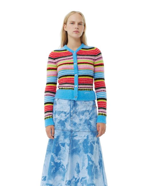 Cardigan Striped Soft Wool Ganni en coloris Blue