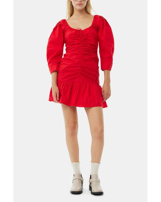 Ganni Cotton Poplin Gathered U-Neck Mini Dress