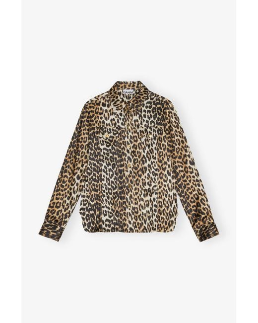 Ganni Natural Leopard Print Satin Shirt