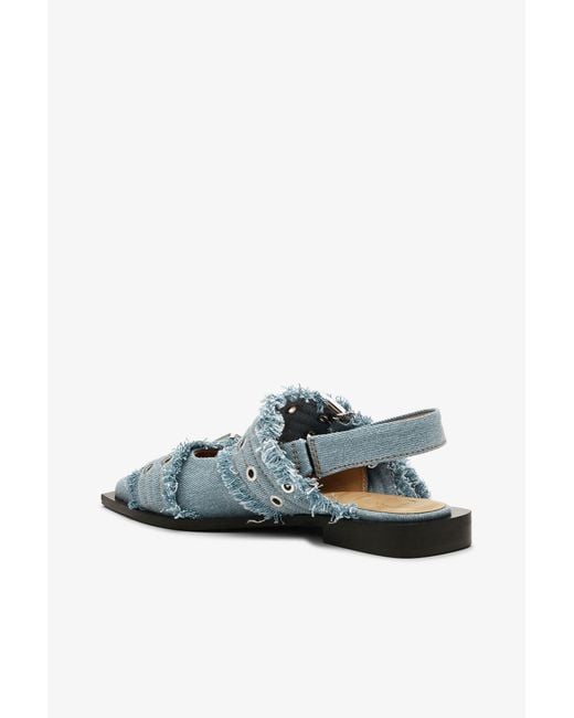 Ganni Blue Faded Denim Slingback Ballet Flat Shoe With Buckles